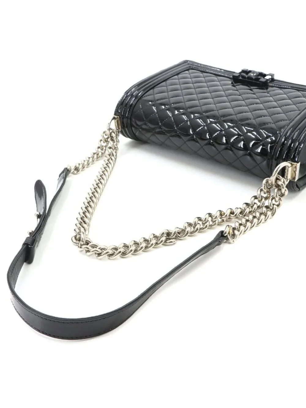 Chanel Boy Chain Shoulder Bag Patent Leather Black Silver